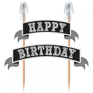 Black And Silver Happy Birthday Cake Topper Kit