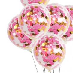 Clear Balloons w/ Pink & Gold Confetti (30cm) - pk6