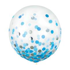 Clear Balloons w/ Blue & Silver Confetti (60cm) - pk2
