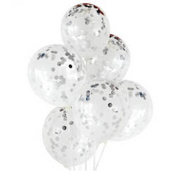 Clear Balloons With Silver Confetti - pk6