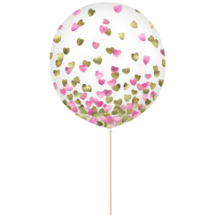 Clear Balloons w/ Pink & Gold Heart Confetti (60cm) pk2