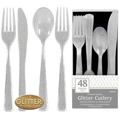 Silver Glitter Re-usable Plastic Cutlery Set for 12