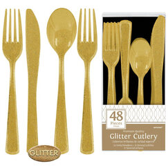 Gold Glitter Re-usable Plastic Cutlery for 12