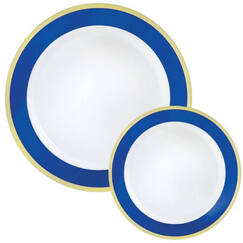 Blue With Gold Trim Plastic Plates Set (pk20)