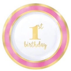 Gold & Pink 1st Birthday Plastic Plates (19cm) - pk10