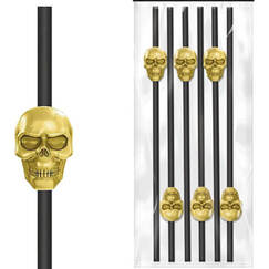 Gold Skulls On Black Straws - pk6