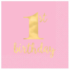 Small Gold & Pink 1st Birthday Napkins - pk16