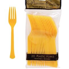 Yellow Re-usable Plastic Forks - pk20