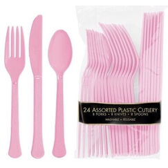 Pink Re-usable Plastic Cutlery Set for 8