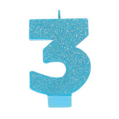 Number 3 Blue Glitter Candle