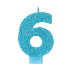 Number 6 Blue Glitter Candle