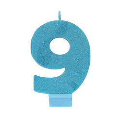 Number 9 Blue Glitter Candle