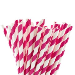Bright Pink White Stripe Paper Straws - pk24