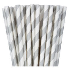 Silver White Stripe Paper Straws - pk24