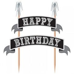 Black And Silver Happy Birthday Cake Topper Kit