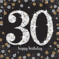 Sparkling Black 30 Birthday Napkins - pk16