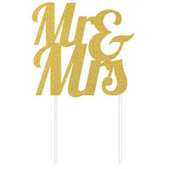 Mr & Mrs Gold Glitter Cake Topper Picks