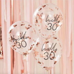 Hello 30 Rose Gold Confetti Filled Balloons (pk5)