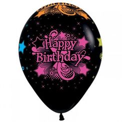 Neon Birthday On Black Balloons - pk12