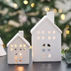 White Christmas Ceramic House Tealight Holders (pk2)