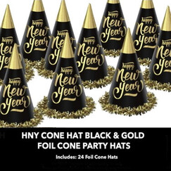 Jumbo New Year Black Gold Cone Hats (pk24)