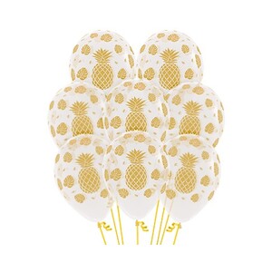 Gold Pineapples & Leaves On Clear Balloons - pk12