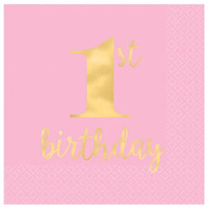 Large Gold & Pink 1st Birthday Napkins - pk16