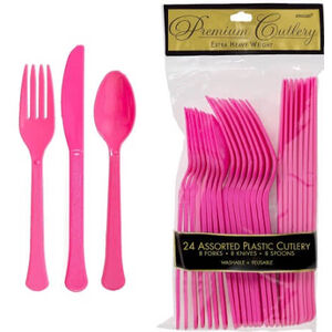 Bright Pink Re-usable Plastic Cutlery for 8