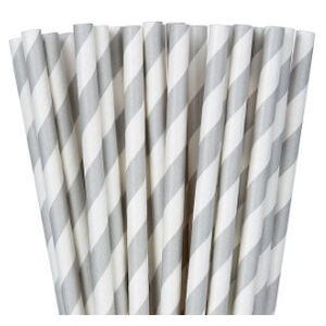 Silver White Stripe Paper Straws - pk24