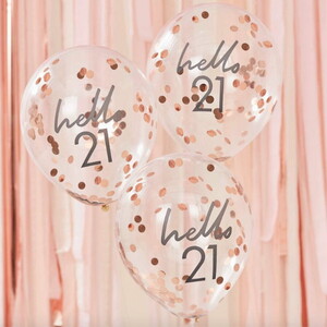 Hello 21 Rose Gold Confetti Filled Balloons (pk5)